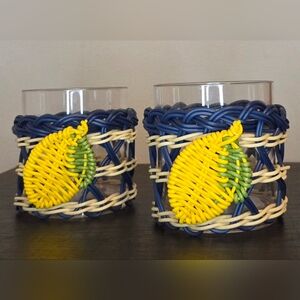 Lemon Coastal Drink Glasses Set of 2 Woven Sleeve Nautical Summer Bar Decor